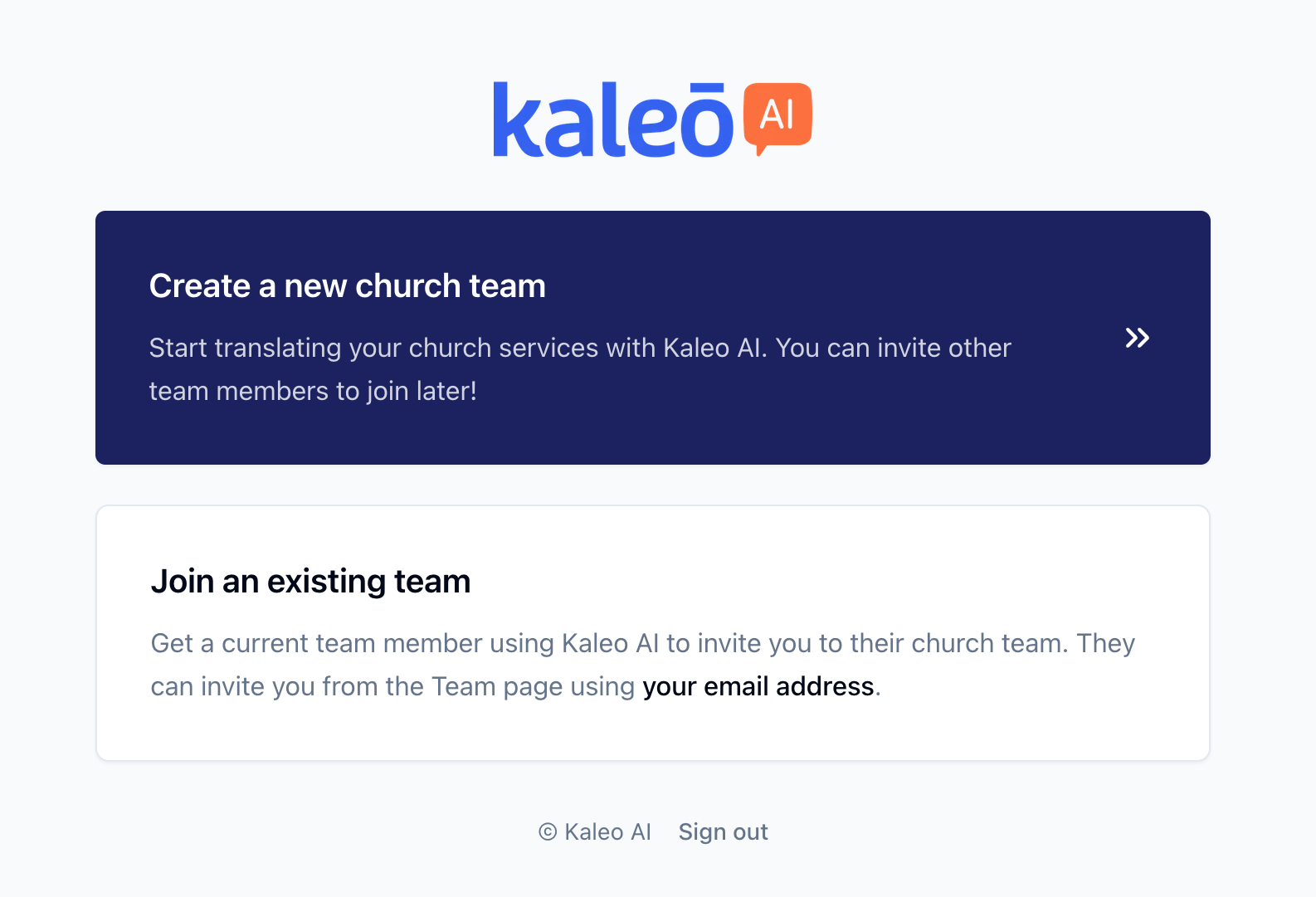 Kaleo onboarding screen with options to create a new church team or join an existing team