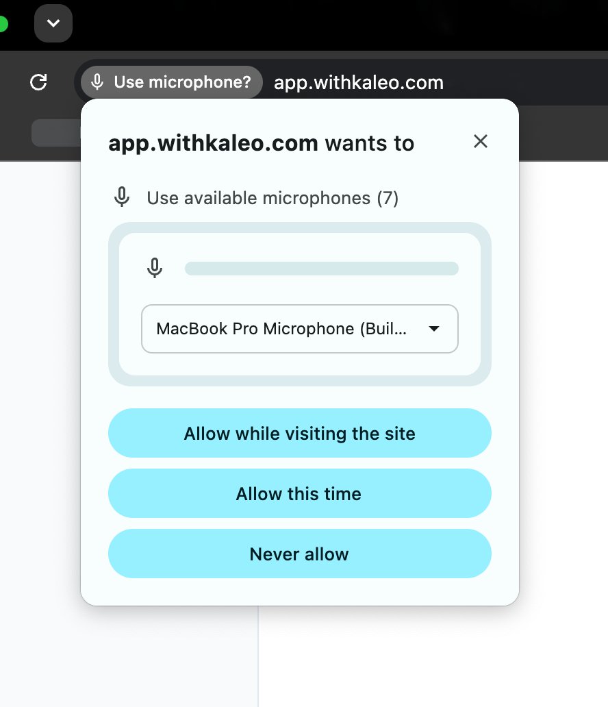 Chrome microphone permission prompt for app.withkaleo.com showing the Allow while visiting the site option