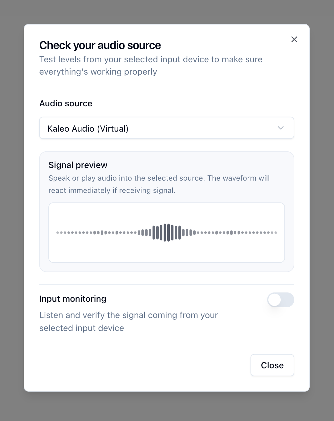 Kaleo audio source tester showing an input device picker and an active signal preview waveform